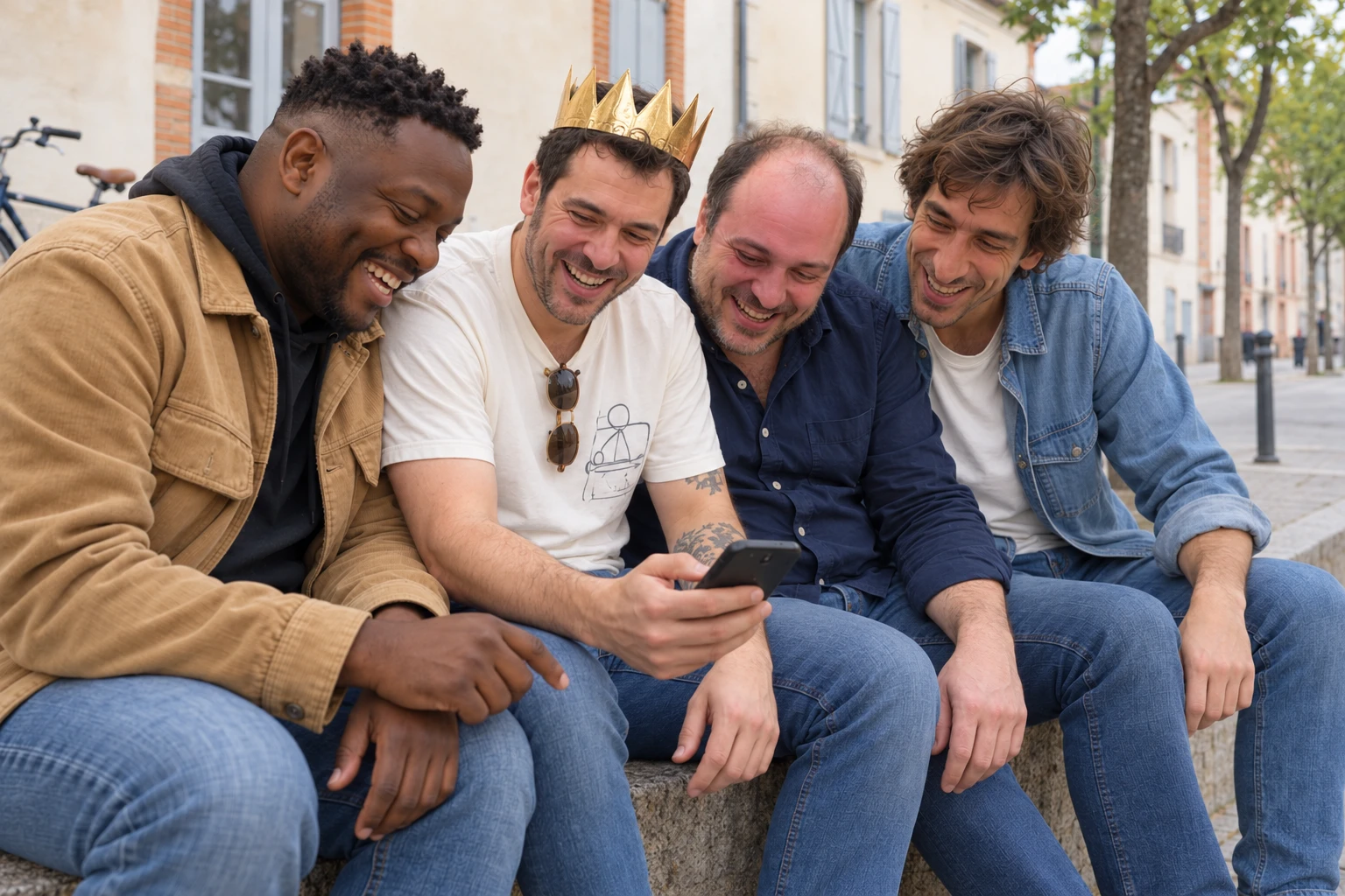 Quatre amis assis sur un banc regardent un téléphone, l'un d'eux porte une couronne dorée