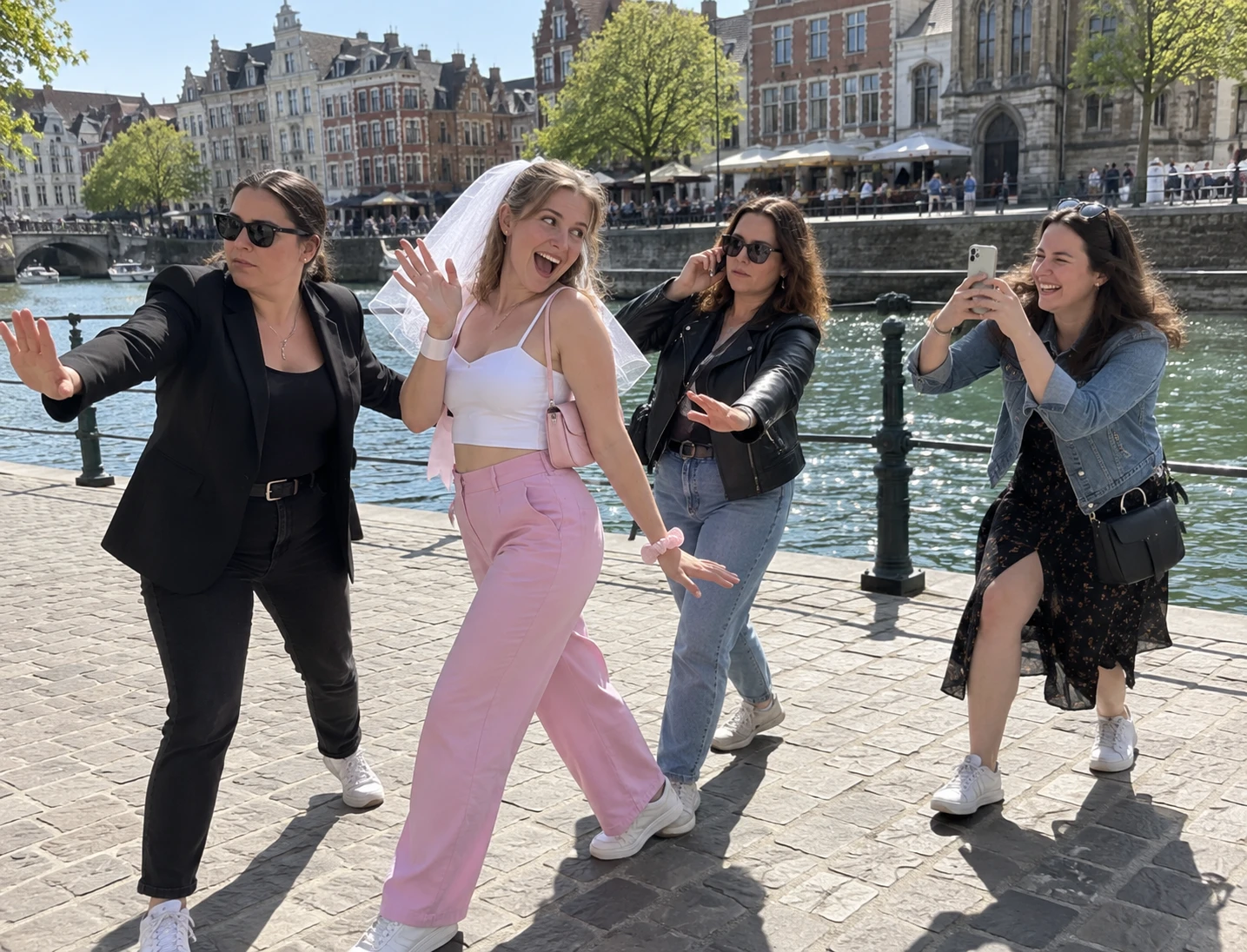 La future mariée, voile au vent, pose pour une photo hilare avec ses amies