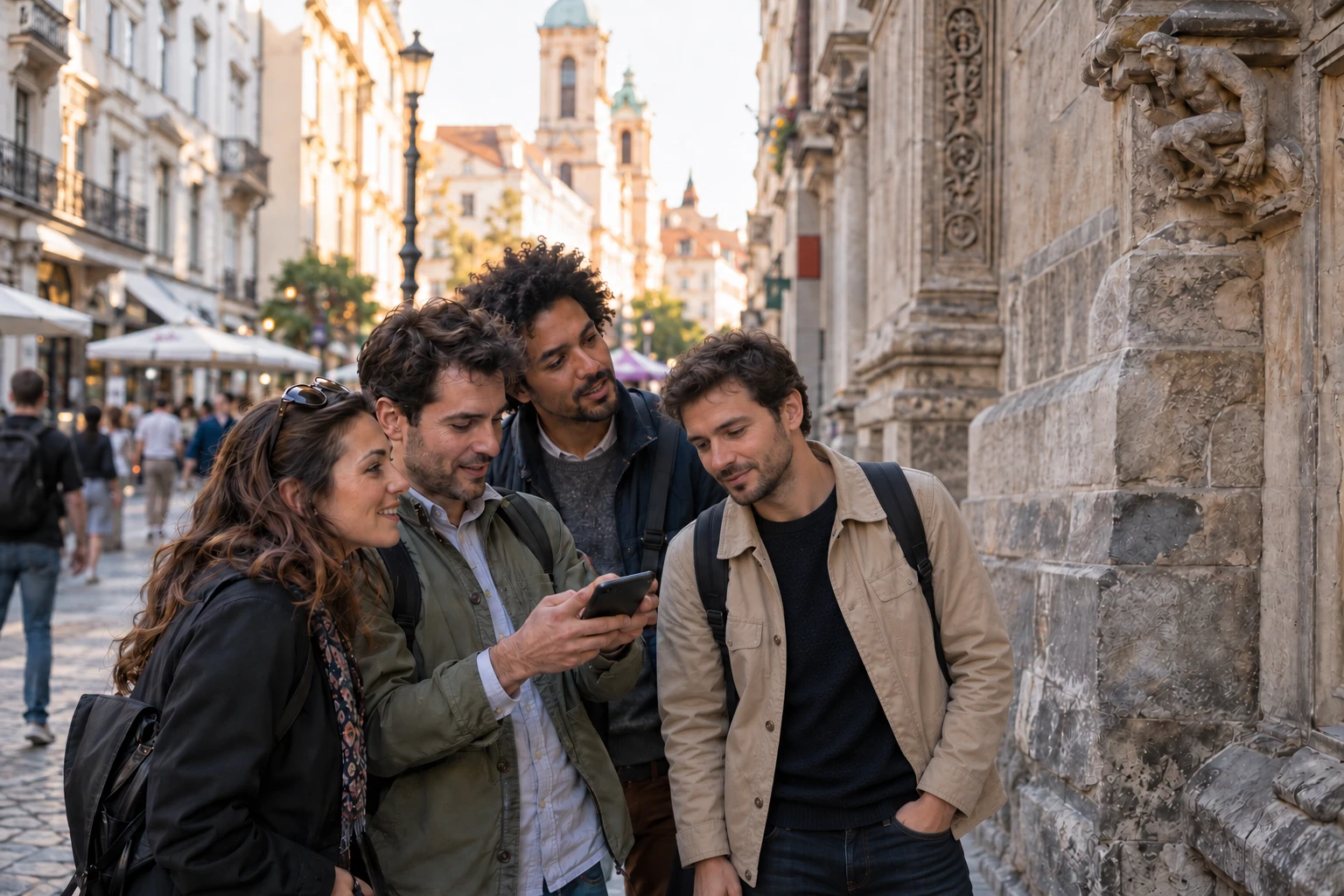 Escape game en extérieur pour une équipe : un groupe résout une énigme devant une façade