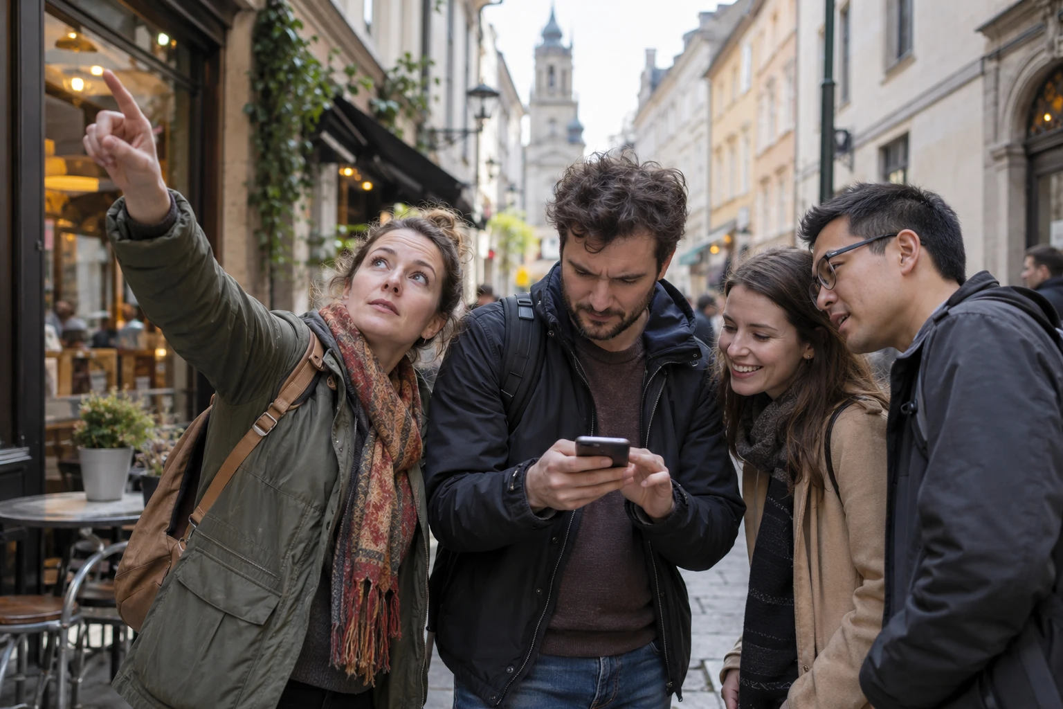 Un groupe de collègues dans la rue : l'un pointe du doigt pendant qu'un autre regarde le jeu sur son téléphone