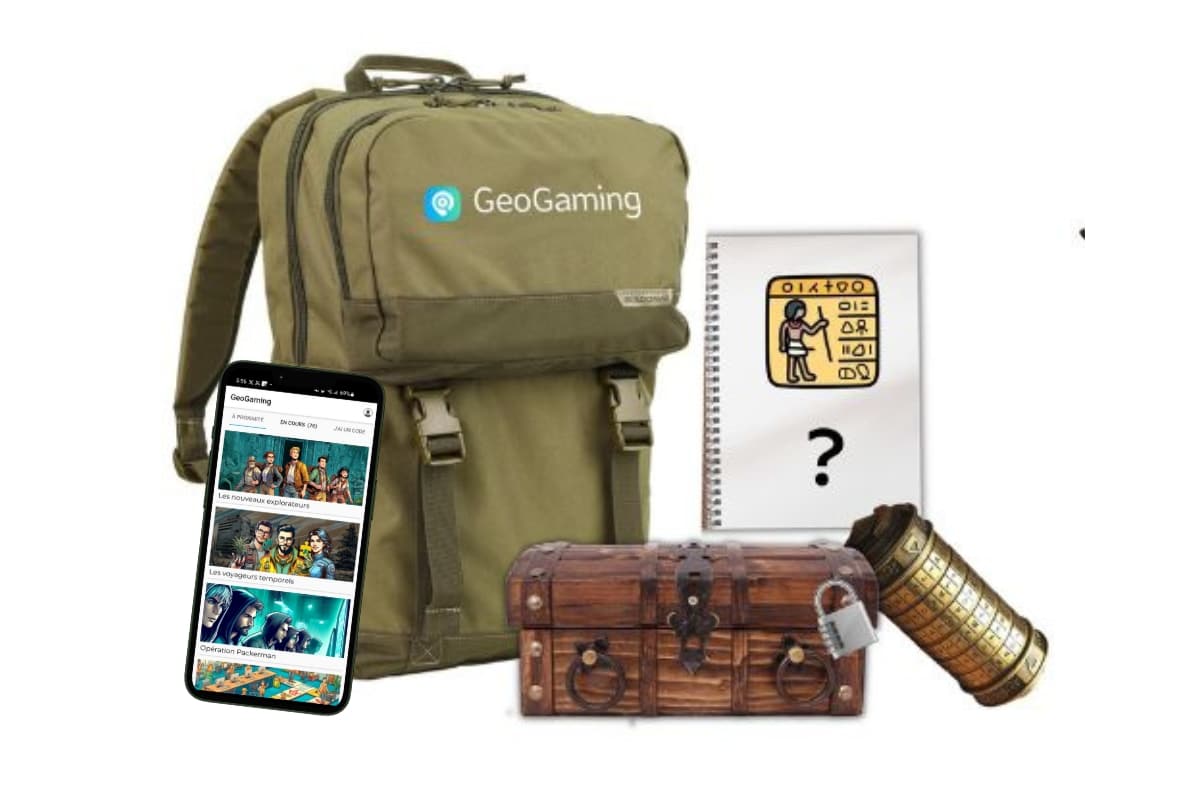 Un kit d'escape game hybride : sac à dos, smartphone, carnet d'énigmes, coffre à cadenas et cryptex