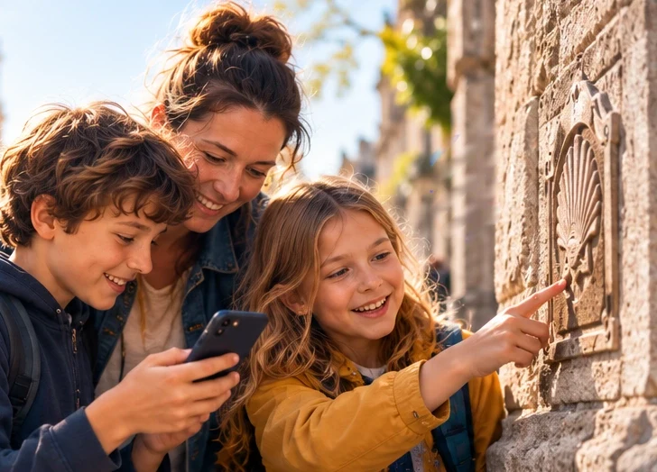 Une mère et ses deux enfants suivent une chasse au trésor sur un téléphone ; la fille montre une coquille sculptée dans un mur de pierre