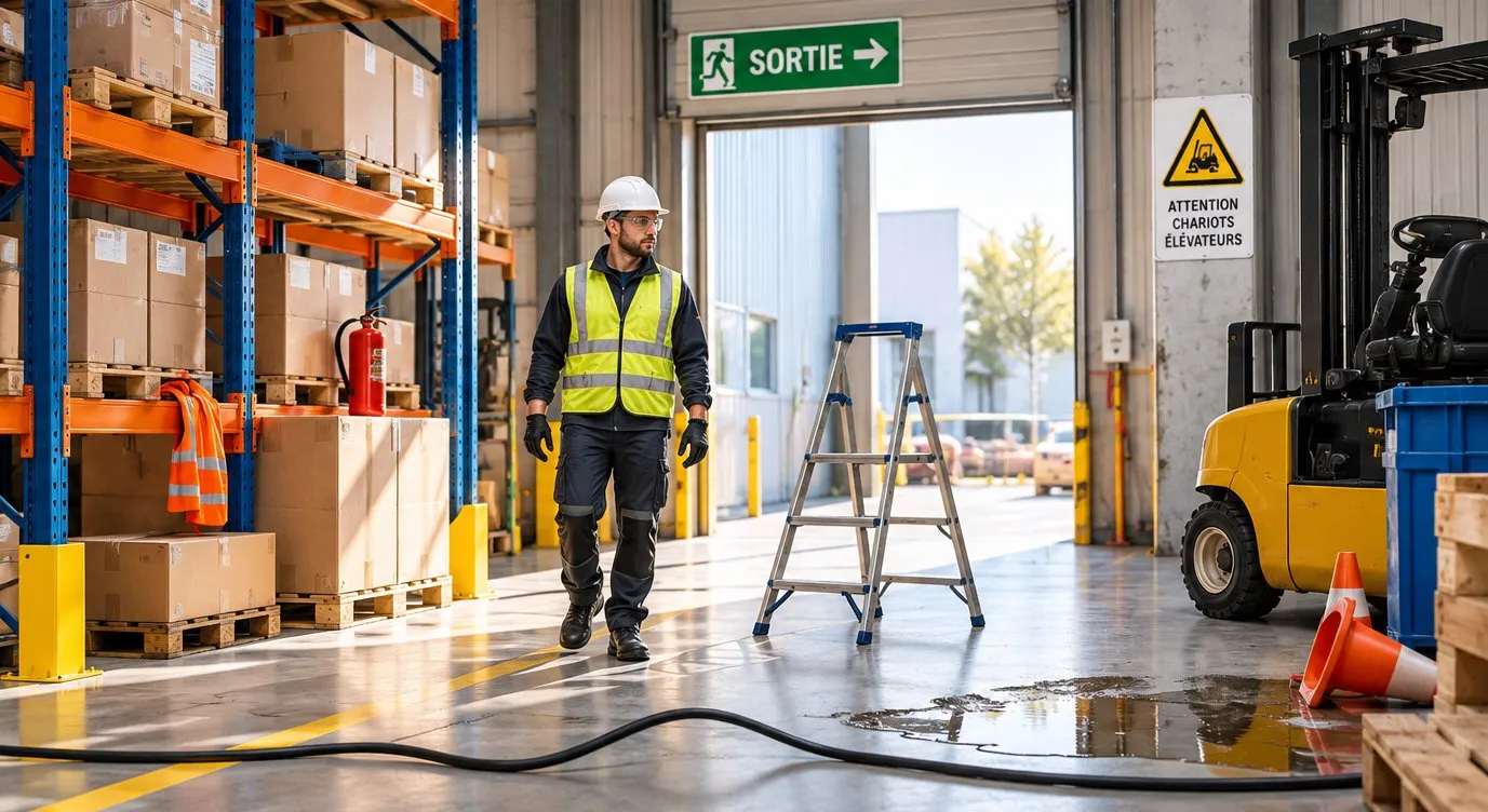 Un entrepôt avec un opérateur équipé, un escabeau au milieu de l'allée, un câble et une flaque au sol, un chariot élévateur