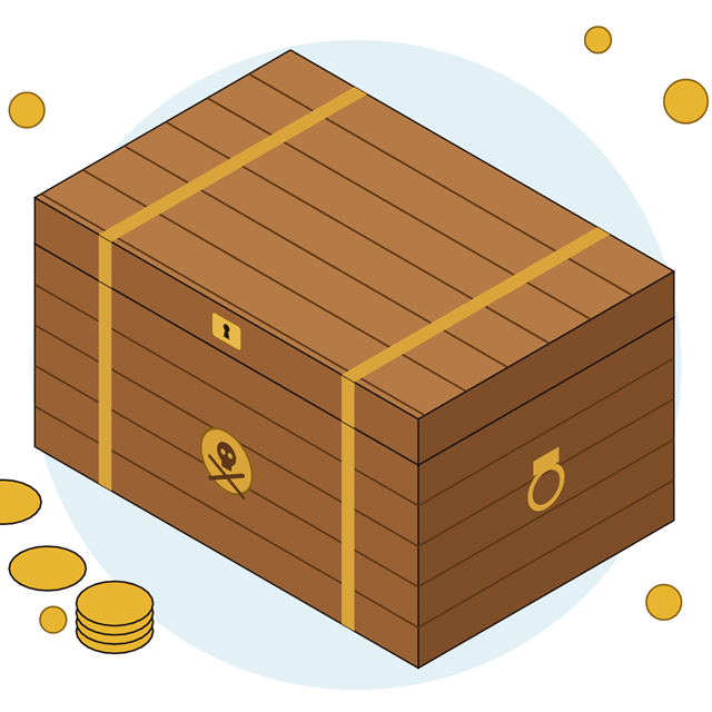 Coffre au trésor en papier à construire, avec ses pièces d'or