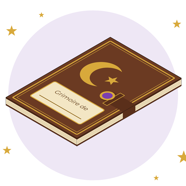 Grimoire en papier à construire, avec sa sangle et sa pierre