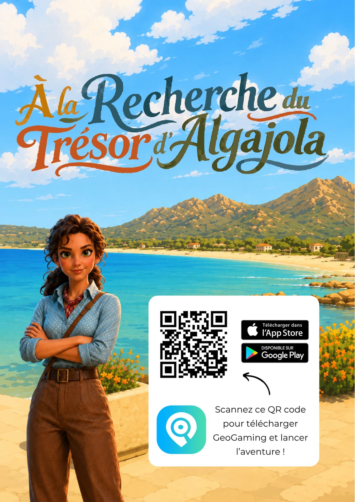 L'affiche de la chasse au trésor d'Algajola, avec le QR code qui lance l'aventure dans l'application GeoGaming
