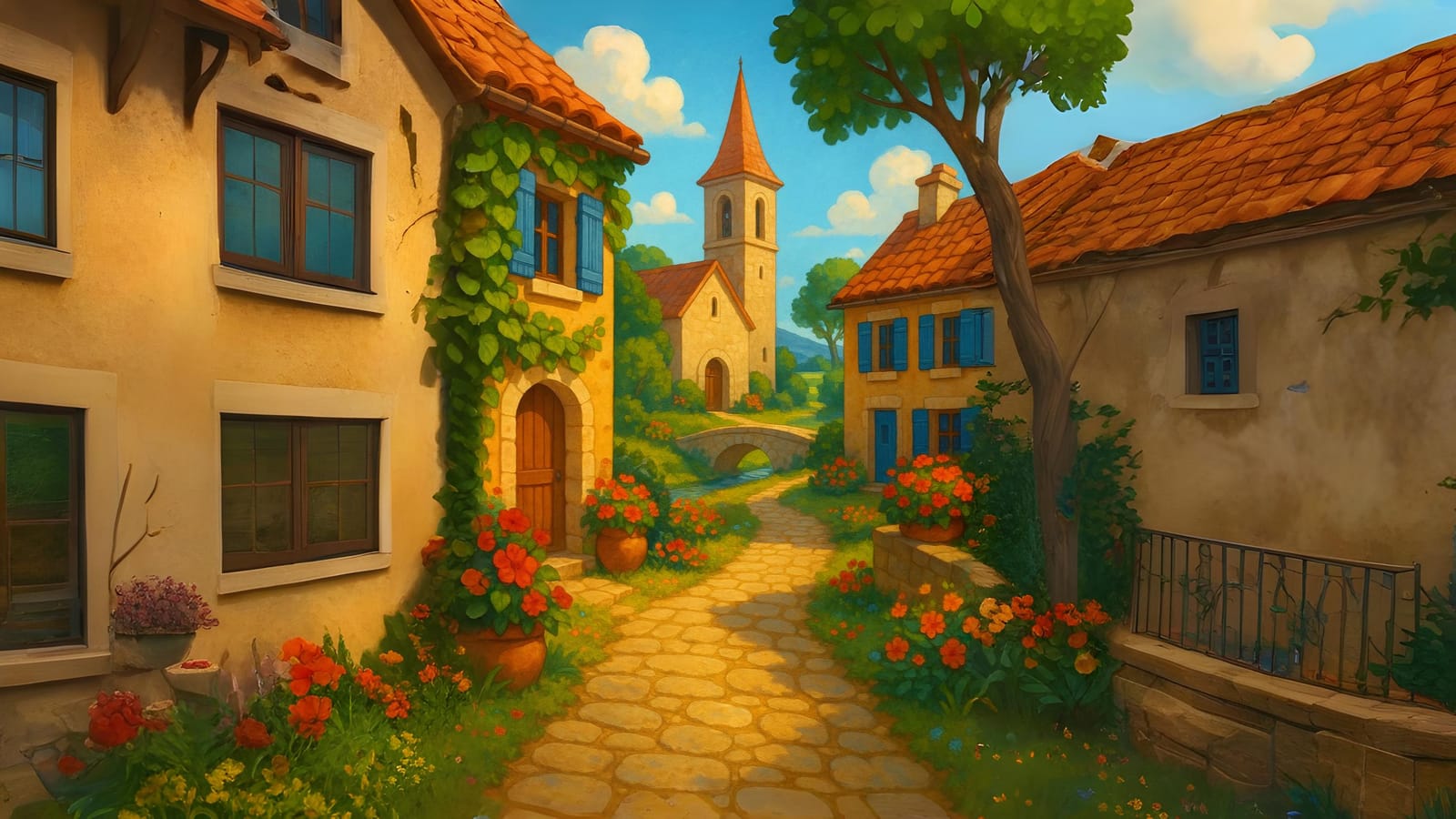 Une ruelle de village illustrée, dans l’univers des Trésors de Geolinfo