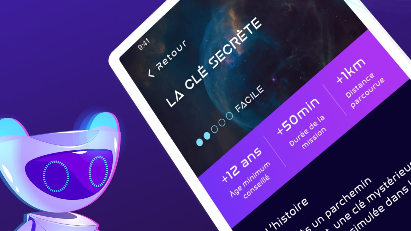EVA, l'intelligence artificielle du jeu, à côté de la fiche d'une mission sur l'application